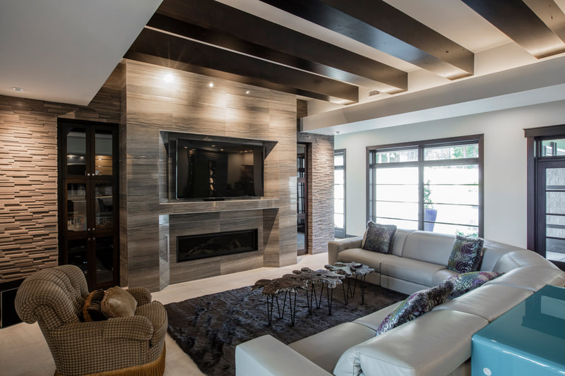 custom home living room with fireplace